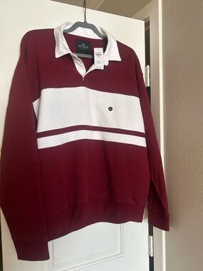 Hollister Burgundy and White Striped Rugby Shirt